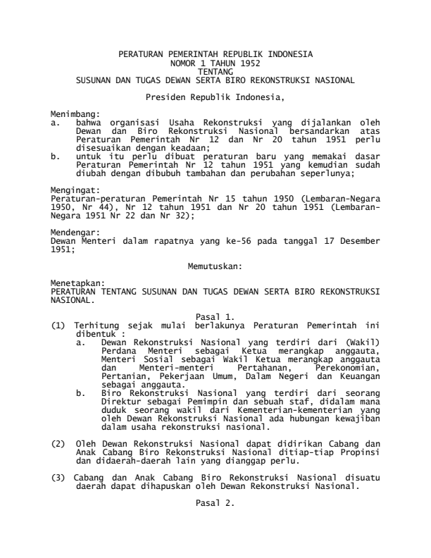 Peraturan Pemerintah Nomor 1 Tahun 1952