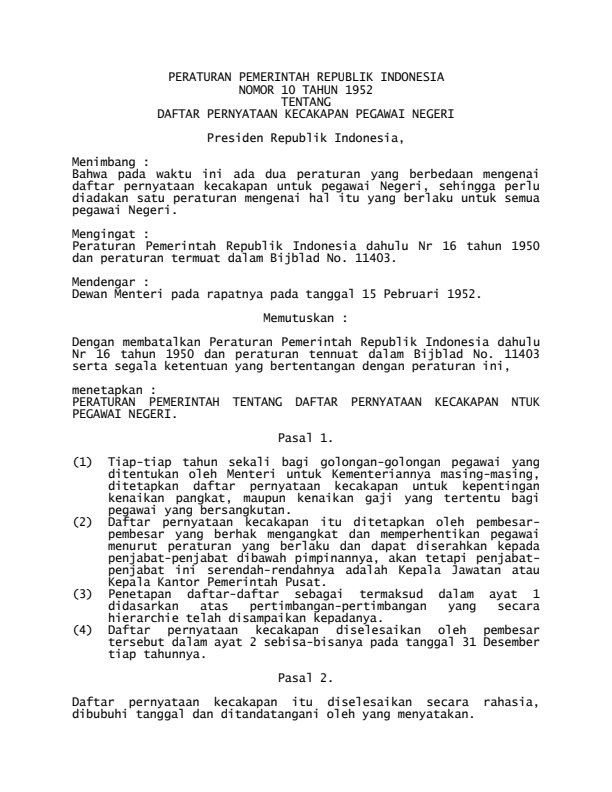 Peraturan Pemerintah Nomor 10 Tahun 1952