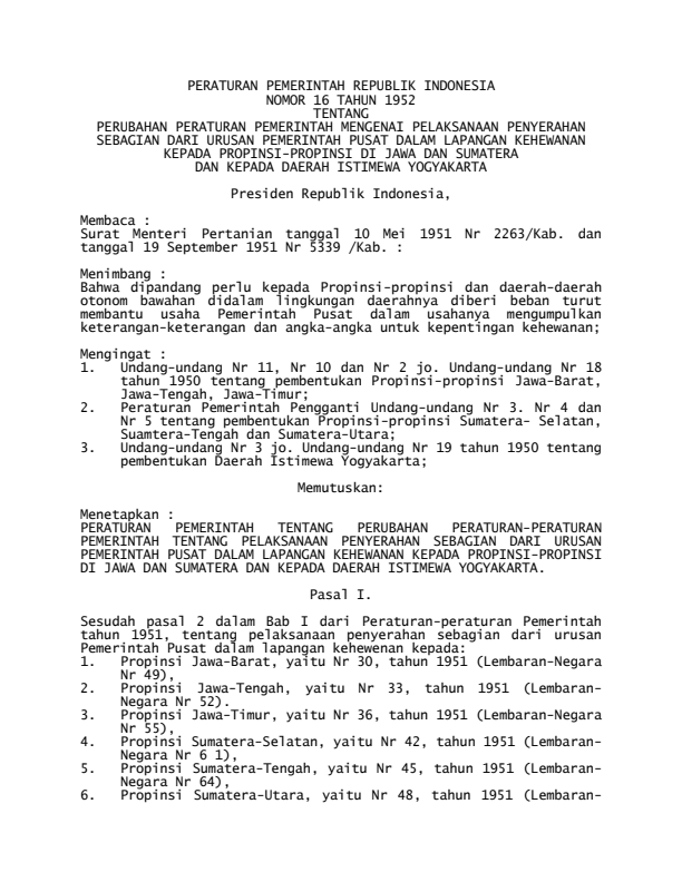 Peraturan Pemerintah Nomor 16 Tahun 1952