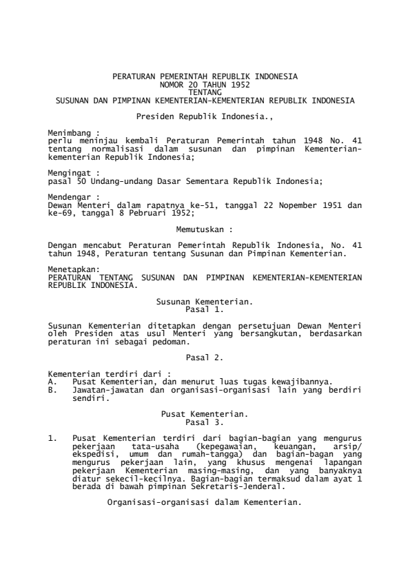 Peraturan Pemerintah Nomor 20 Tahun 1952