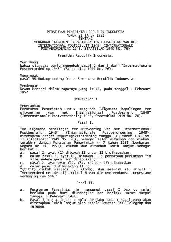 Peraturan Pemerintah Nomor 21 Tahun 1952