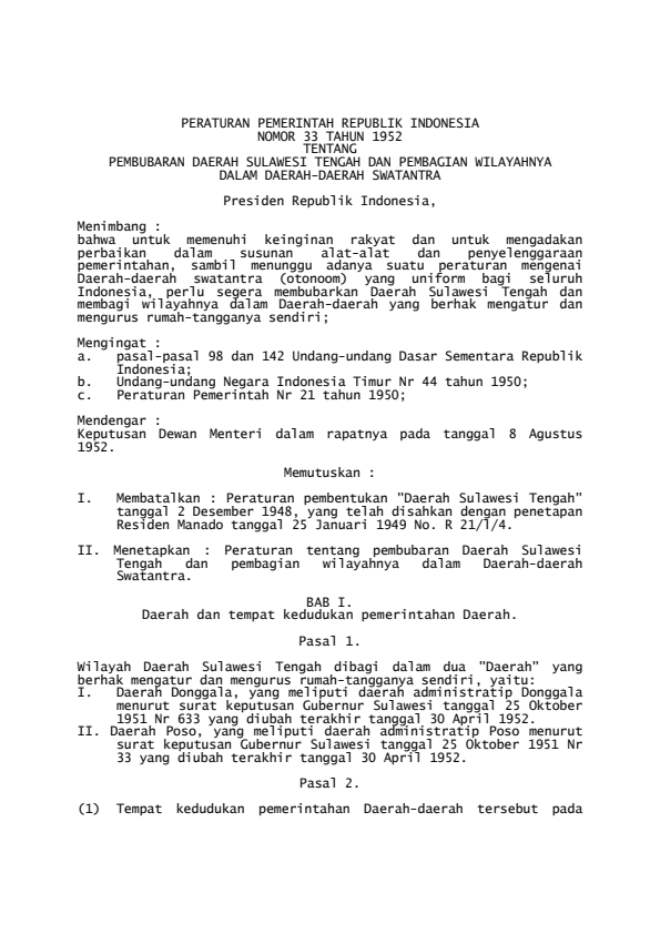 Peraturan Pemerintah Nomor 33 Tahun 1952