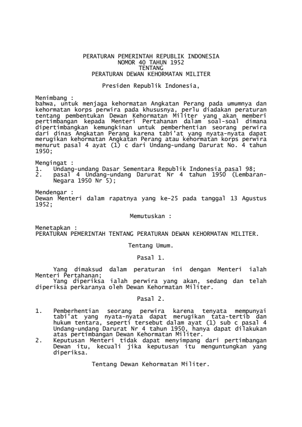 Peraturan Pemerintah Nomor 40 Tahun 1952