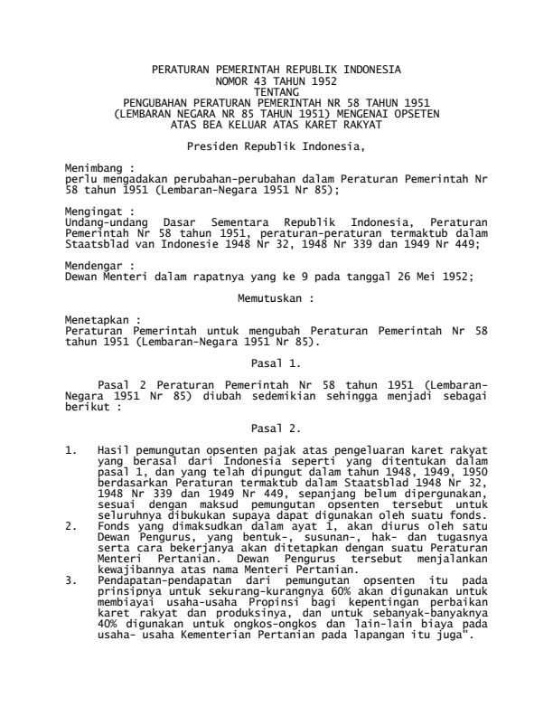 Peraturan Pemerintah Nomor 43 Tahun 1952