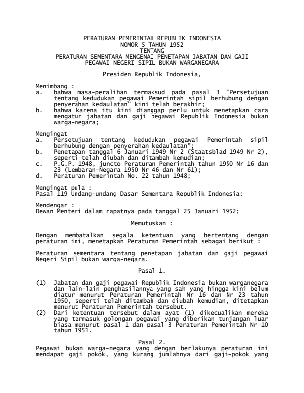 Peraturan Pemerintah Nomor 5 Tahun 1952