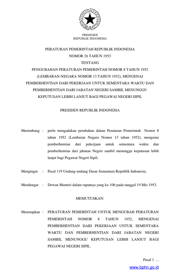 Peraturan Pemerintah Nomor 26 Tahun 1953