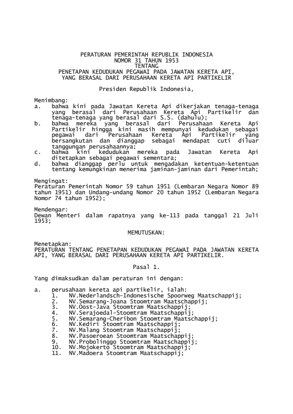 Peraturan Pemerintah Nomor 31 Tahun 1953