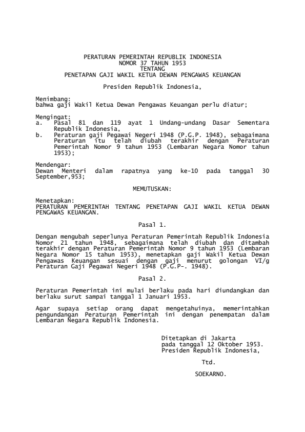 Peraturan Pemerintah Nomor 37 Tahun 1953