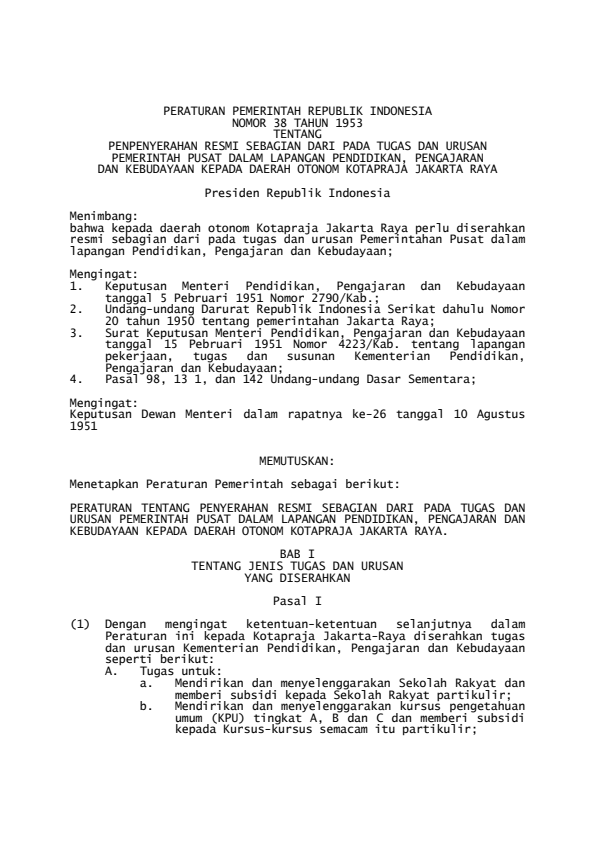 Peraturan Pemerintah Nomor 38 Tahun 1953