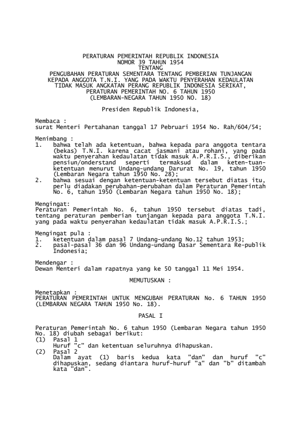 Peraturan Pemerintah Nomor 39 Tahun 1954