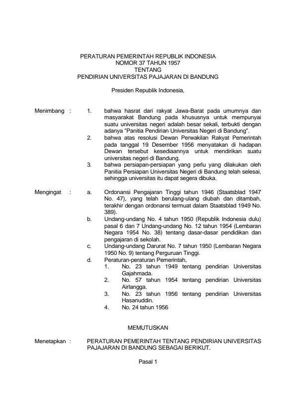 Peraturan Pemerintah Nomor 37 Tahun 1957