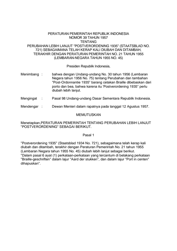 Peraturan Pemerintah Nomor 39 Tahun 1957