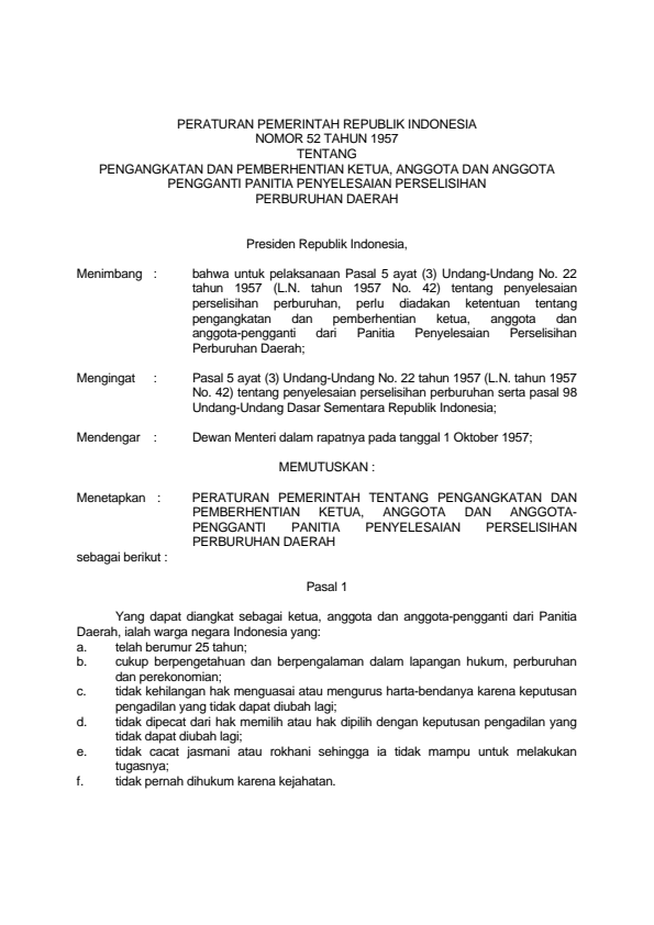 Peraturan Pemerintah Nomor 52 Tahun 1957