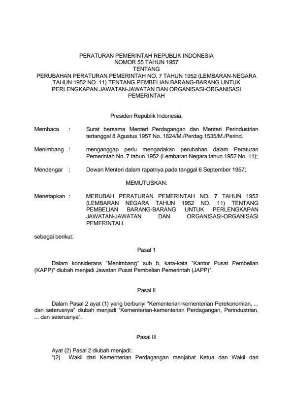 Peraturan Pemerintah Nomor 55 Tahun 1957