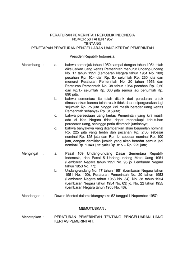 Peraturan Pemerintah Nomor 56 Tahun 1957