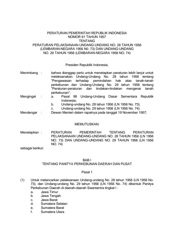 Peraturan Pemerintah Nomor 61 Tahun 1957