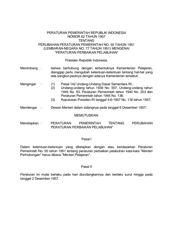 Peraturan Pemerintah Nomor 62 Tahun 1957