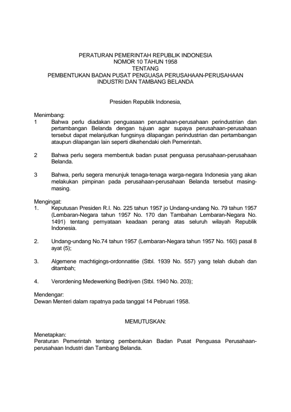 Peraturan Pemerintah Nomor 10 Tahun 1958