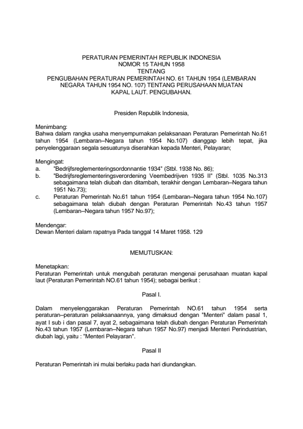 Peraturan Pemerintah Nomor 15 Tahun 1958