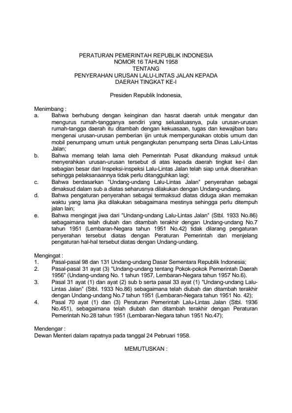 Peraturan Pemerintah Nomor 16 Tahun 1958