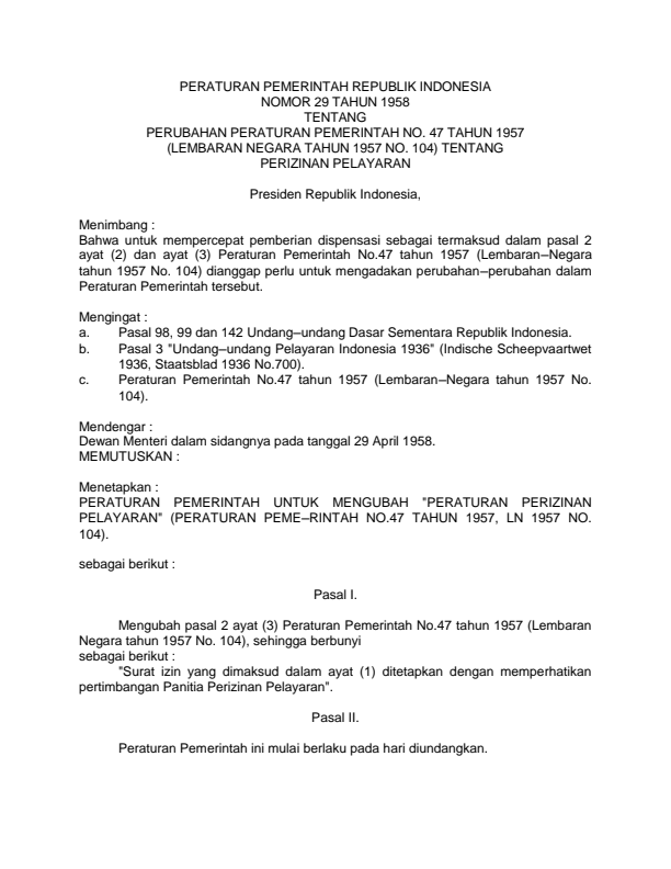 Peraturan Pemerintah Nomor 29 Tahun 1958