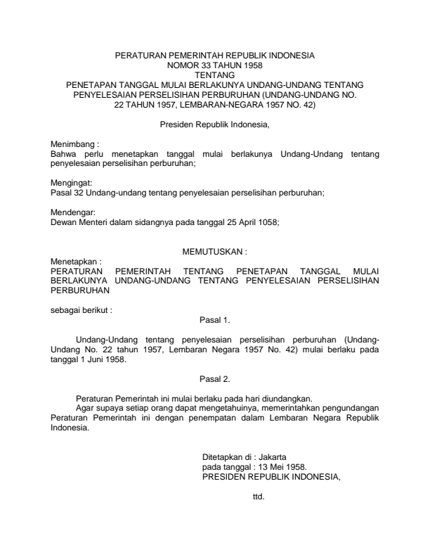 Peraturan Pemerintah Nomor 33 Tahun 1958