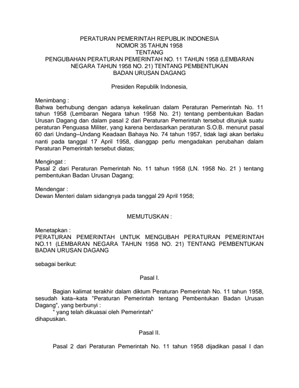 Peraturan Pemerintah Nomor 35 Tahun 1958