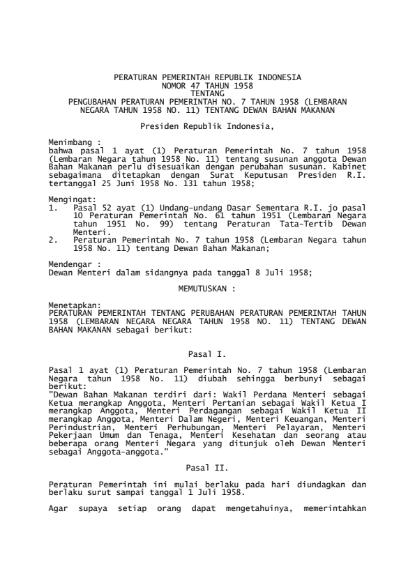 Peraturan Pemerintah Nomor 47 Tahun 1958