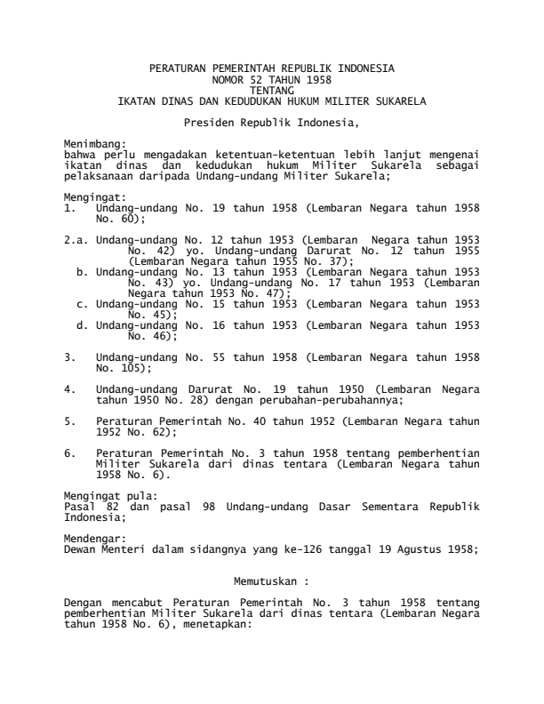 Peraturan Pemerintah Nomor 52 Tahun 1958