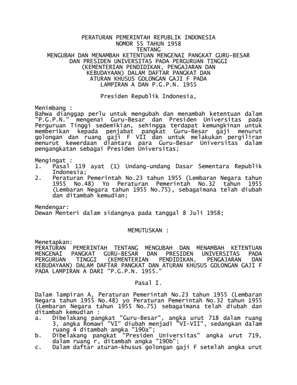 Peraturan Pemerintah Nomor 55 Tahun 1958