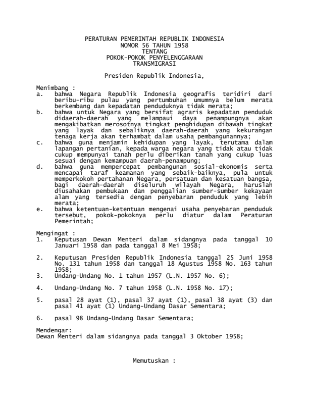 Peraturan Pemerintah Nomor 56 Tahun 1958