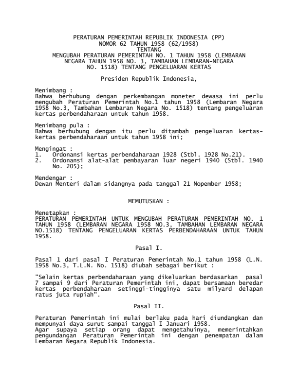 Peraturan Pemerintah Nomor 62 Tahun 1958