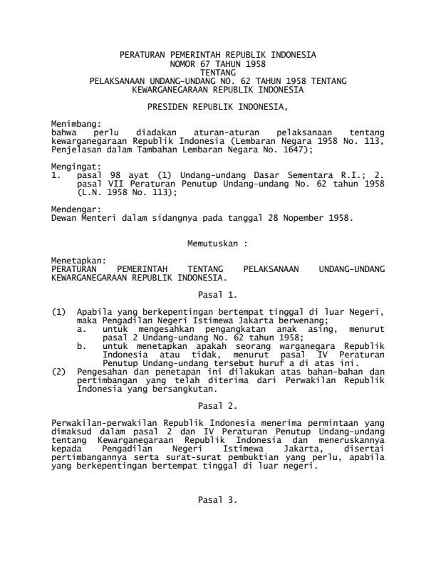 Peraturan Pemerintah Nomor 67 Tahun 1958