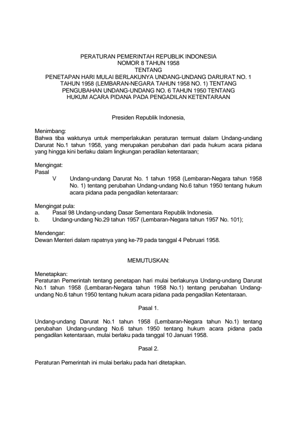 Peraturan Pemerintah Nomor 8 Tahun 1958