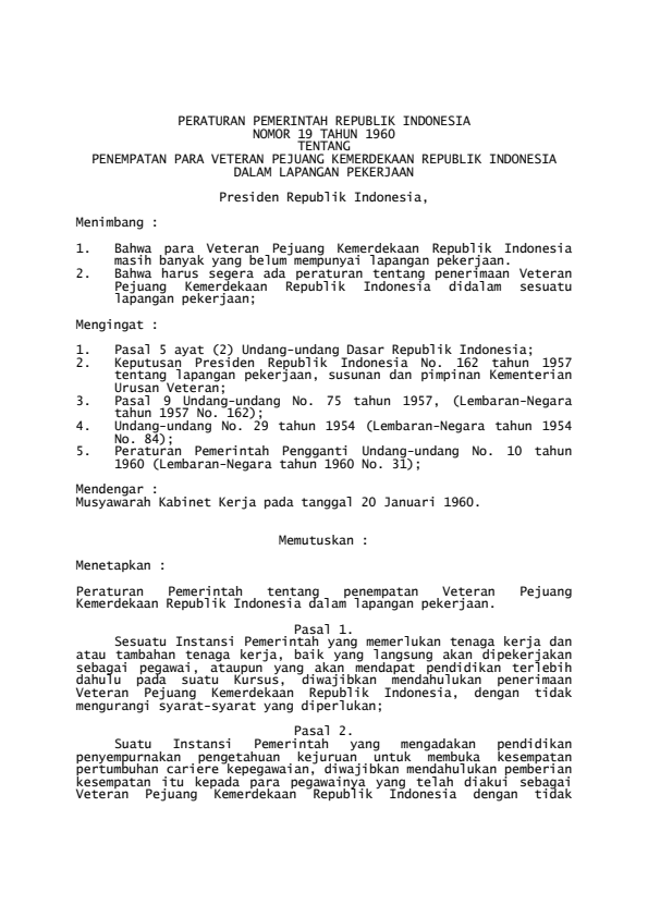 Peraturan Pemerintah Nomor 19 Tahun 1960