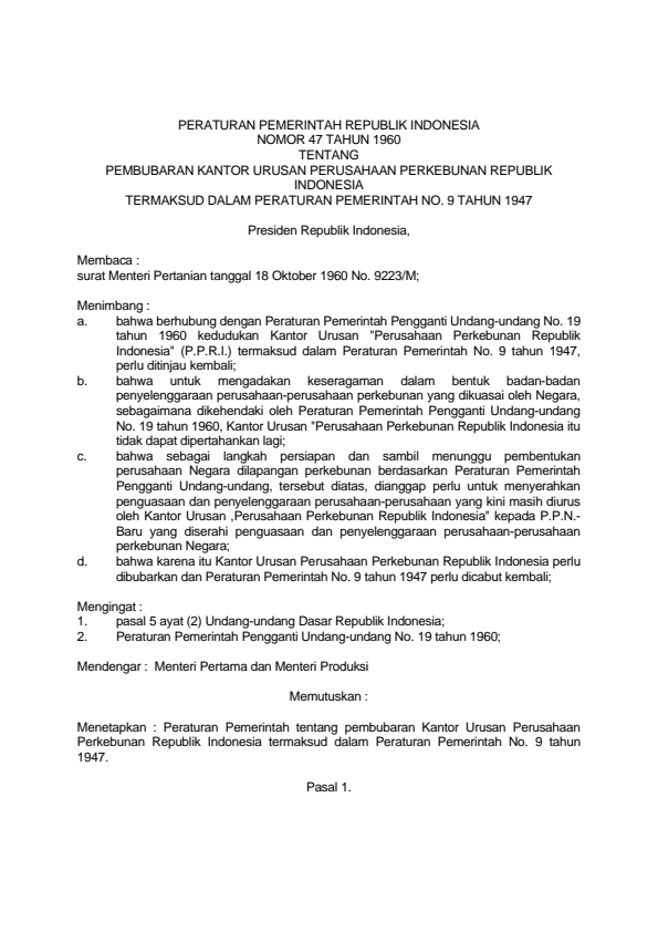 Peraturan Pemerintah Nomor 47 Tahun 1960