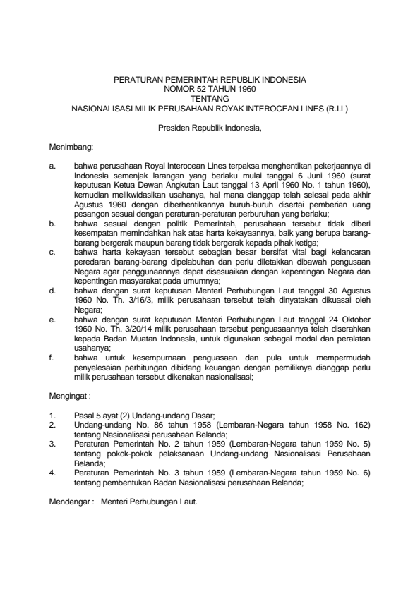 Peraturan Pemerintah Nomor 52 Tahun 1960