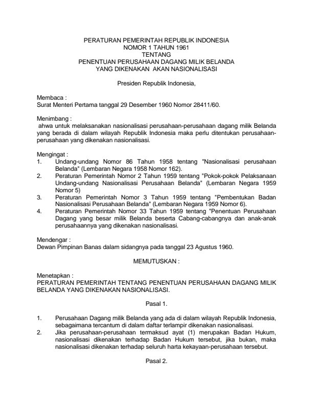 Peraturan Pemerintah Nomor 1 Tahun 1961