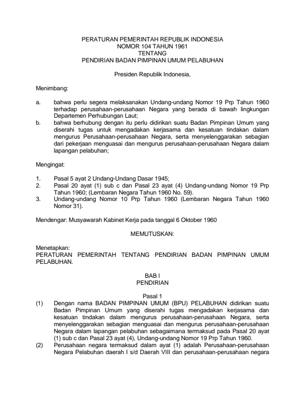 Peraturan Pemerintah Nomor 104 Tahun 1961