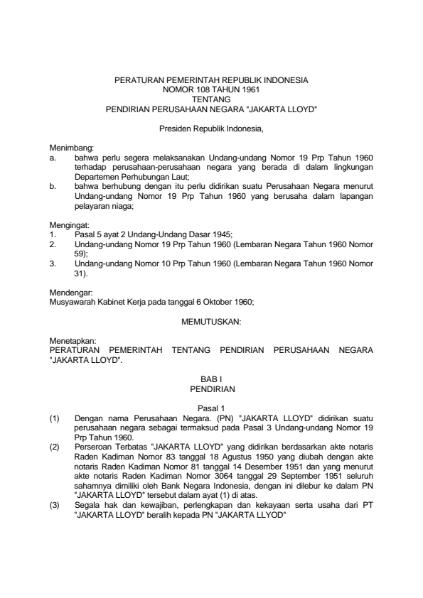 Peraturan Pemerintah Nomor 108 Tahun 1961