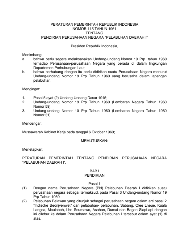 Peraturan Pemerintah Nomor 115 Tahun 1961