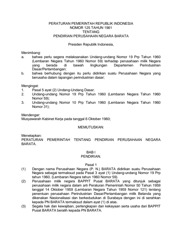 Peraturan Pemerintah Nomor 125 Tahun 1961