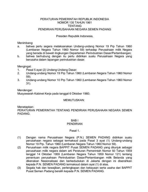 Peraturan Pemerintah Nomor 135 Tahun 1961