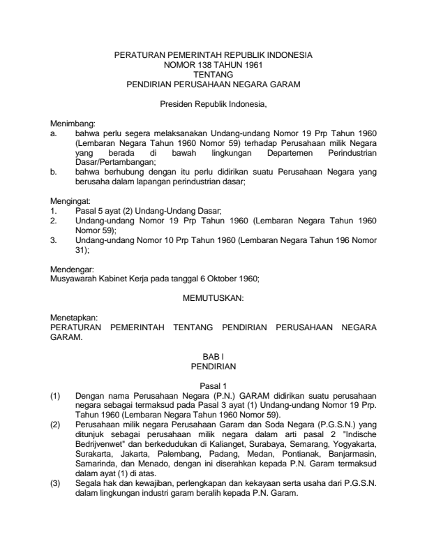 Peraturan Pemerintah Nomor 138 Tahun 1961