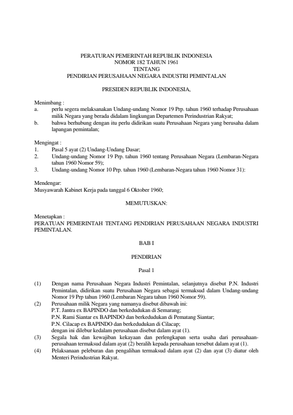 Peraturan Pemerintah Nomor 182 Tahun 1961