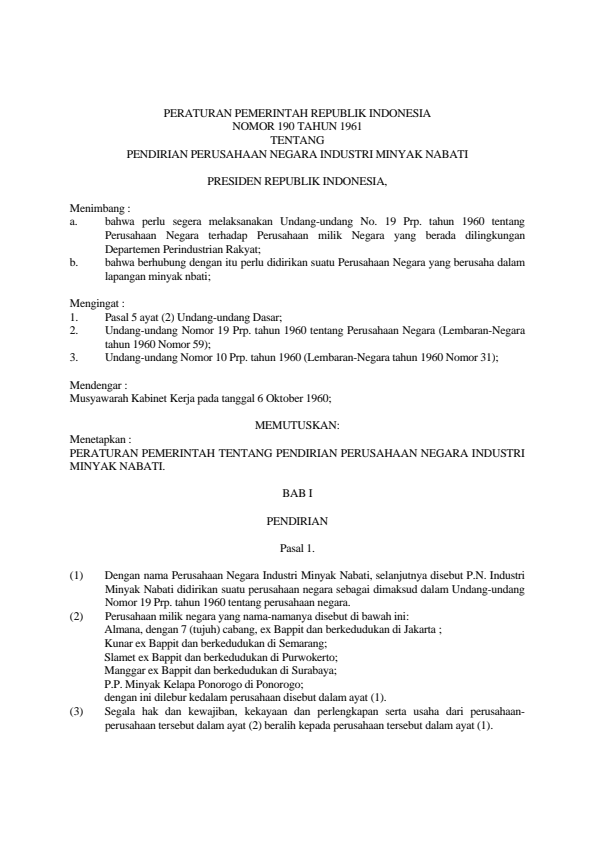 Peraturan Pemerintah Nomor 190 Tahun 1961