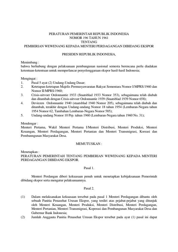 Peraturan Pemerintah Nomor 196 Tahun 1961