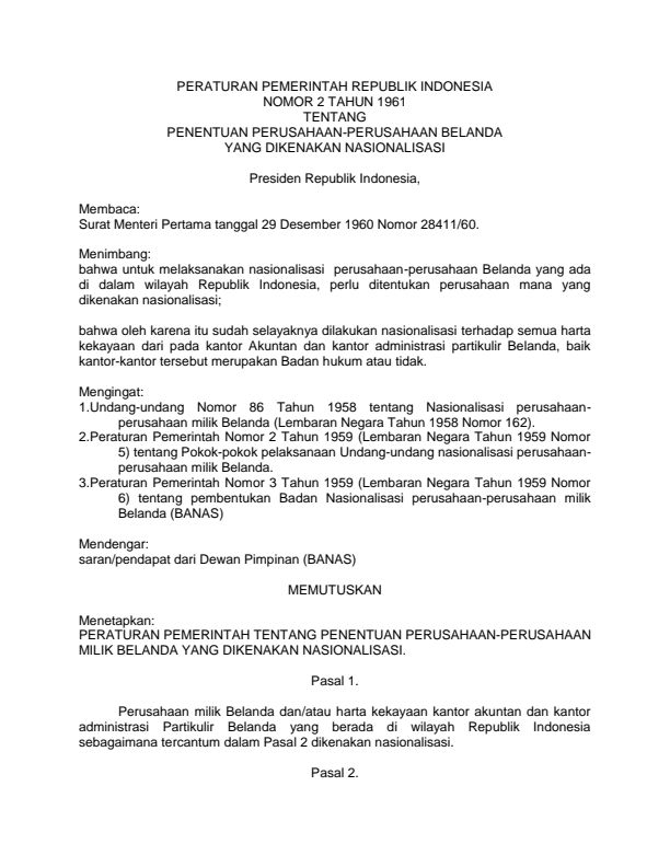 Peraturan Pemerintah Nomor 2 Tahun 1961