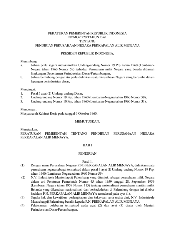 Peraturan Pemerintah Nomor 220 Tahun 1961