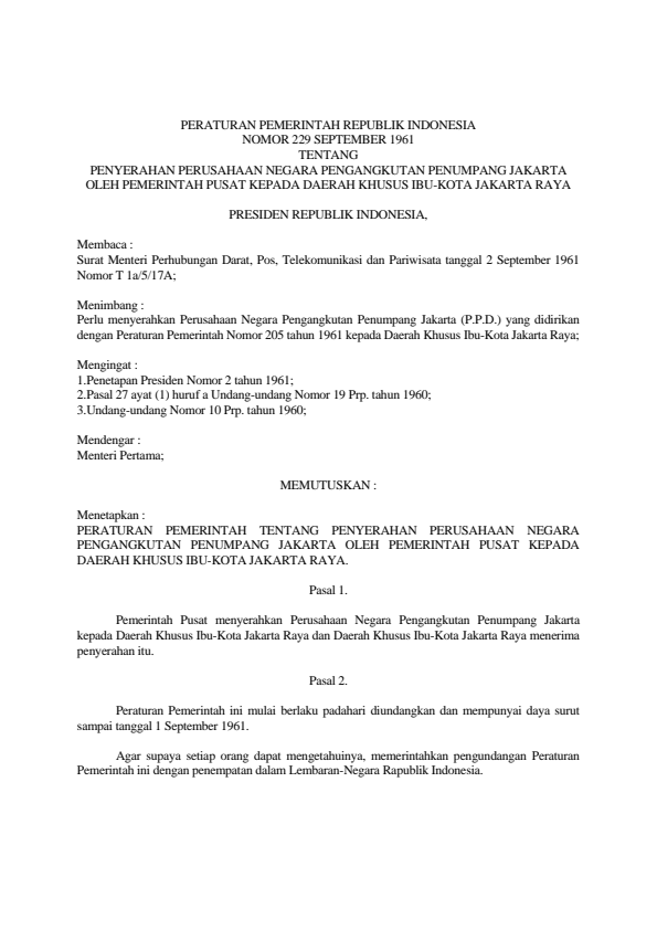 Peraturan Pemerintah Nomor 229 Tahun 1961